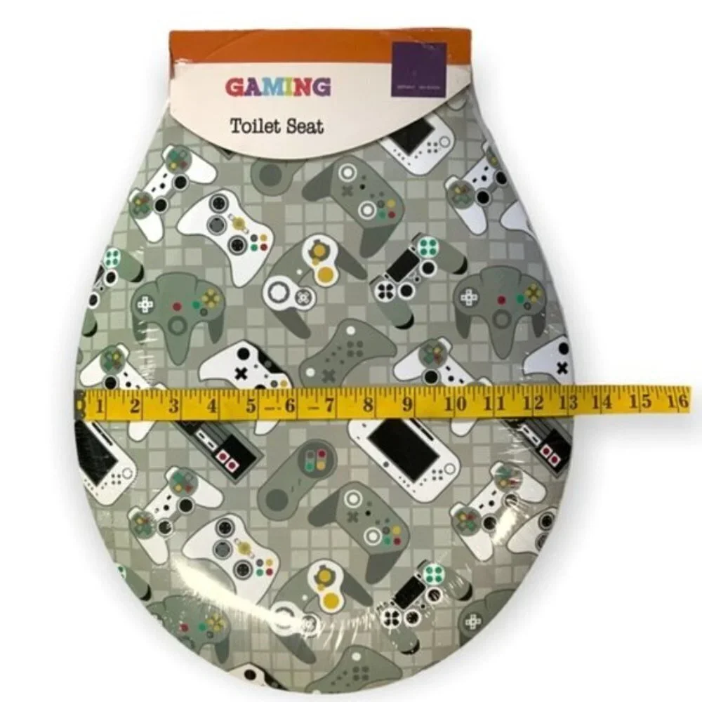 Gamer Video Game Toilet Seat Hinged Decorative Kids Bath Decor Green Grey New